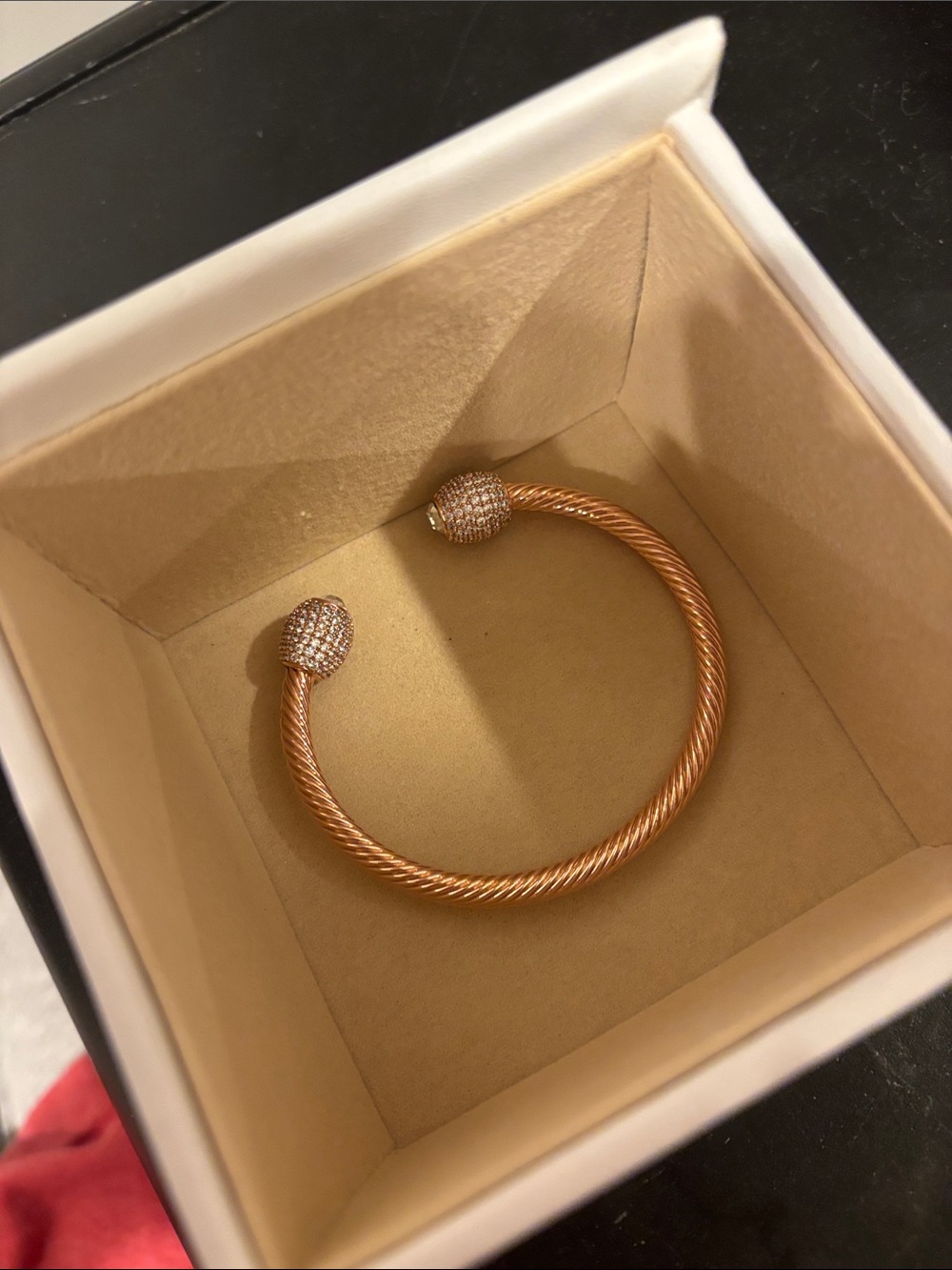 Rose Gold Twisted Cable Open Cuff Bracelet with Pave End Caps